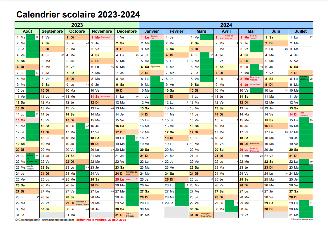 Calendrier scolaire 2023-2024 à consulter, télécharger et imprimer en pdf